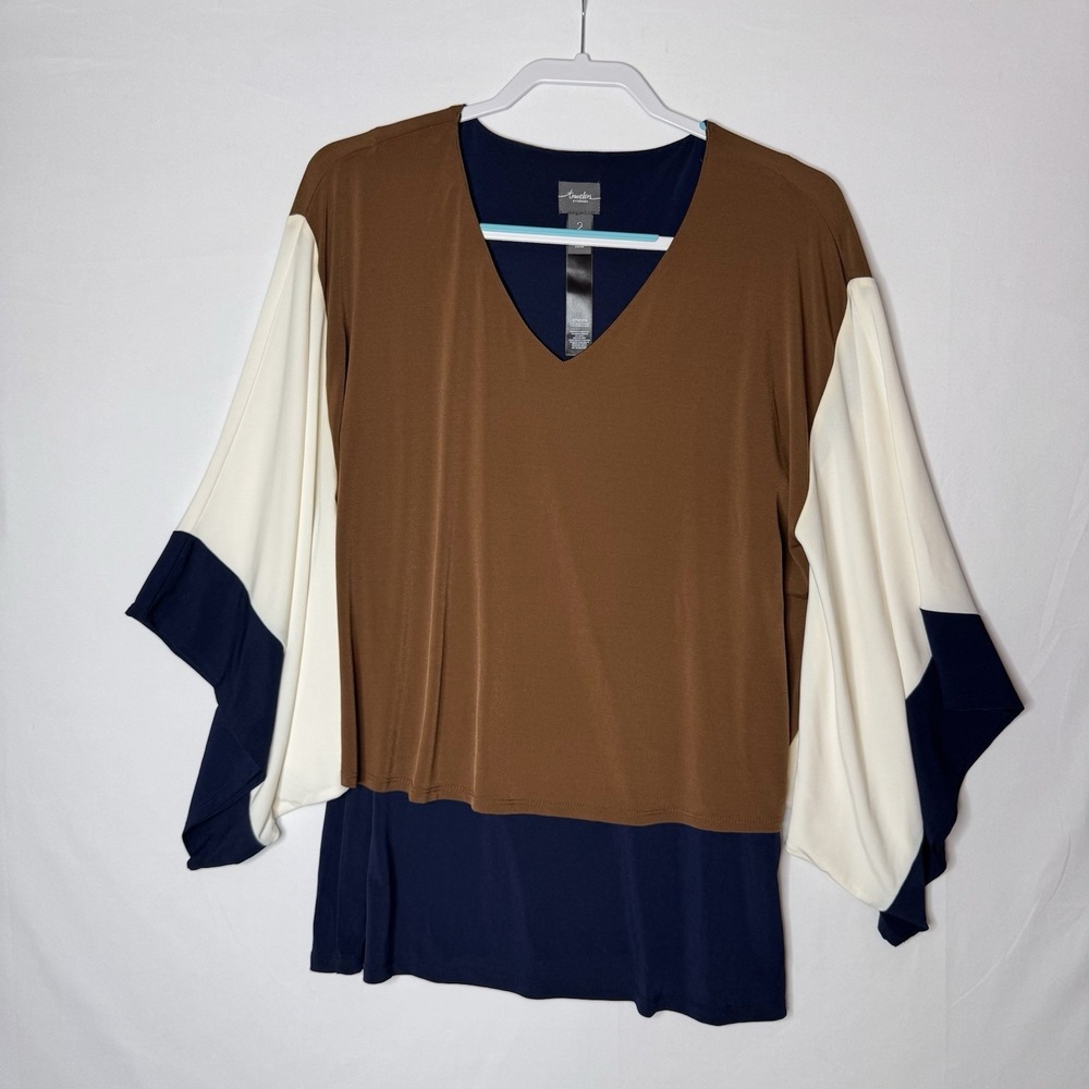 Chicos Travelers Dolman Layered Tunic L Blue Brown Color Block Lagenlook Career